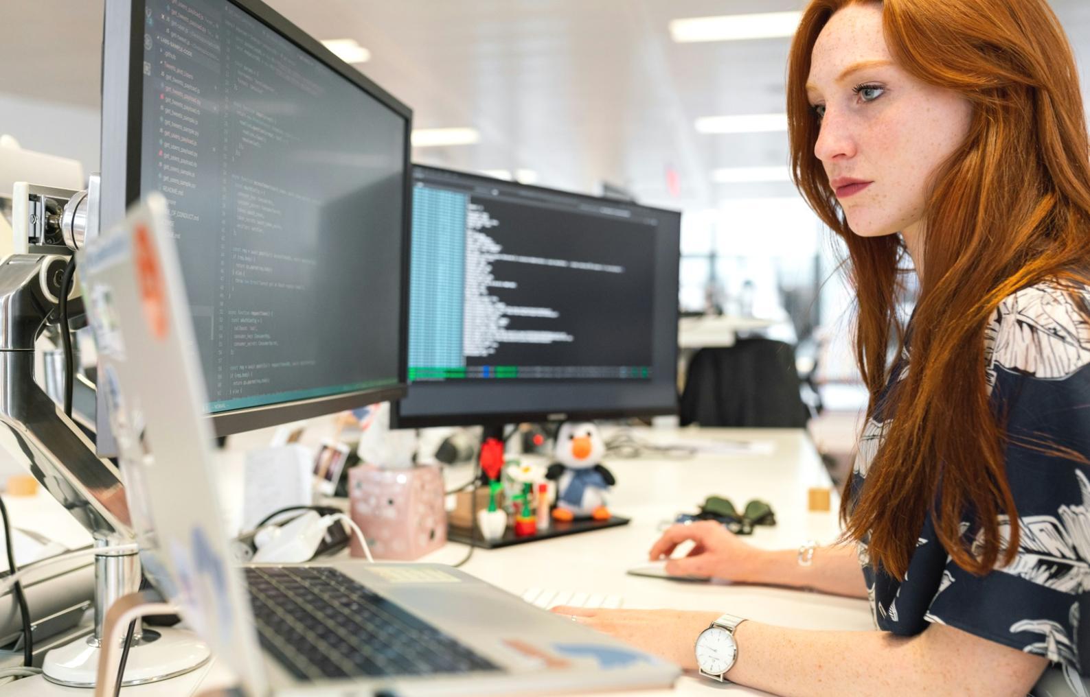 Teilnehmer analysieren Finanzberichte am Computer